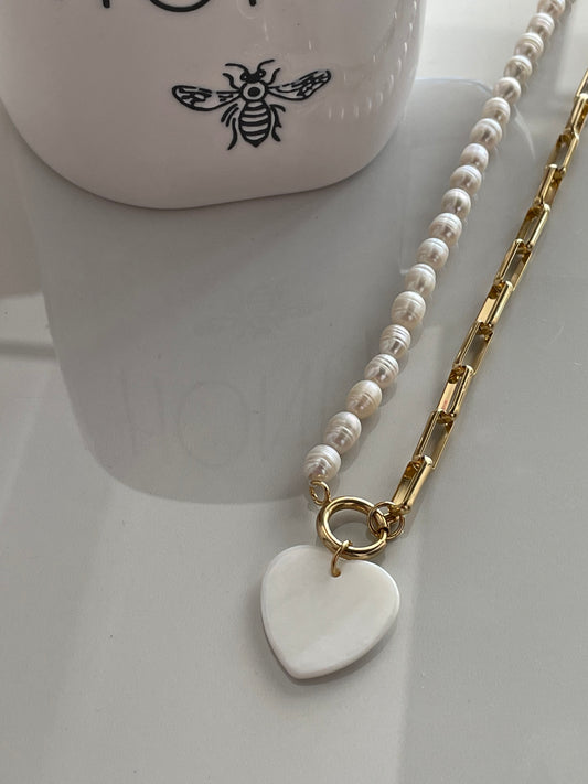 White Pearl Heart Necklace